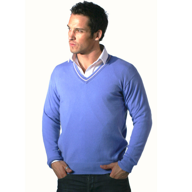 Men's Cashmere V Neck Jumper With Stripe Oatmeal and Snow