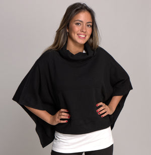 Cashmere Poncho with Cowl Neck and Pockets Black