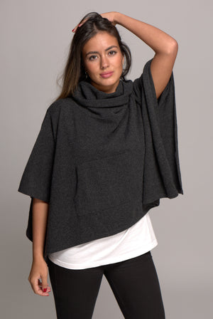Cashmere Poncho with Cowl Neck Charcoal