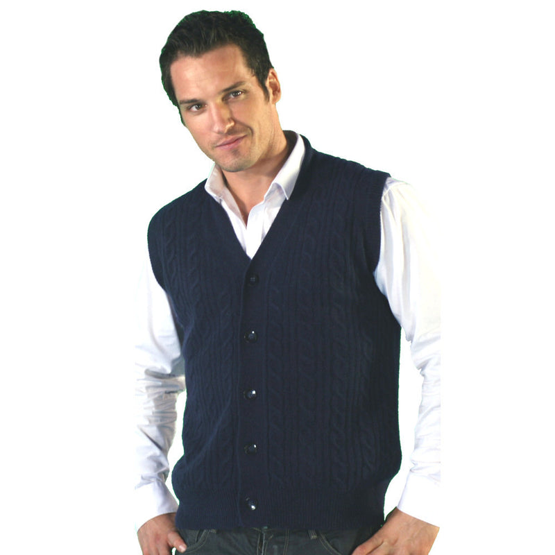 men's sleeveless cable knit cashmere cardigan mariner blue