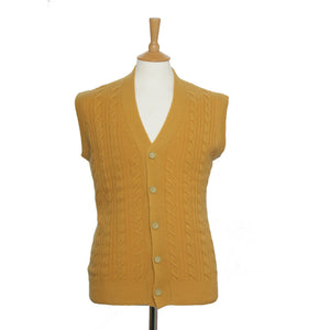 men's sleeveless cable knit cashmere cardigan mustard