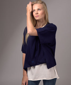 V Neck Cashmere Blended Poncho Navy Blue