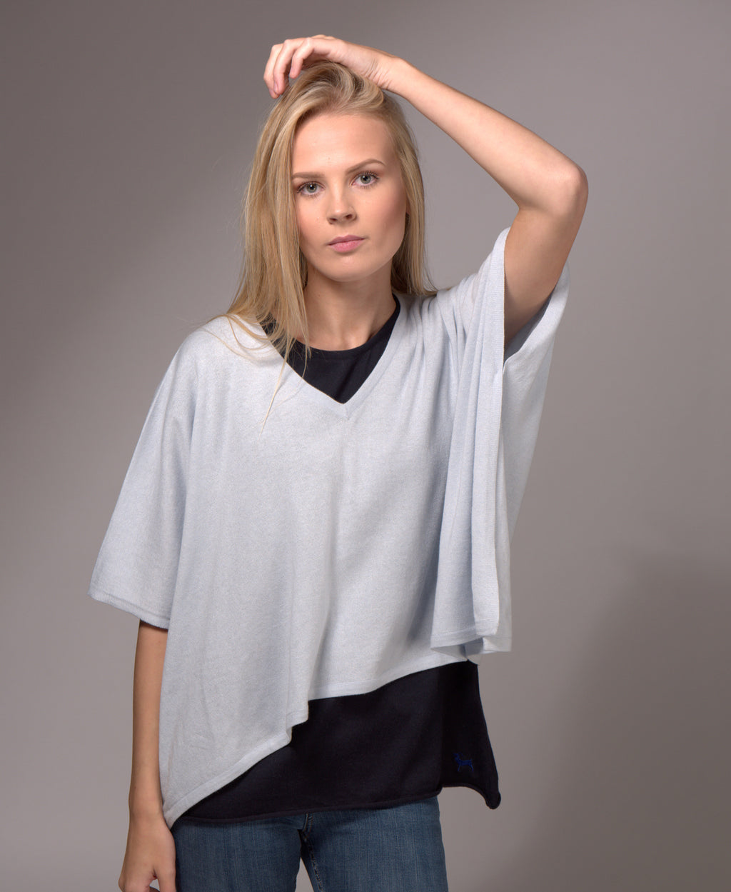 V Neck Cashmere Blended Poncho Whisper Blue