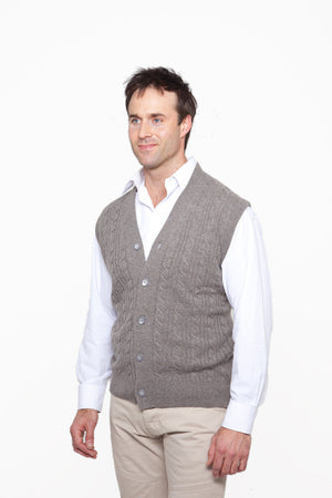 mens' sleeveless cable knit cashmere cardigan toast