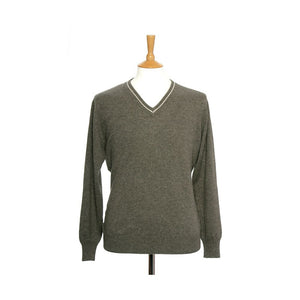 Men's Cashmere V Neck Jumper With Stripe Toast and Oatmeal